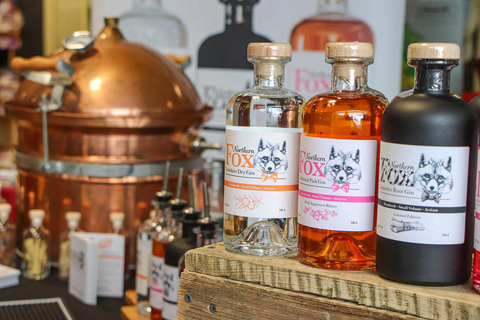 Hooting Owl, Northern Fox and the Wolds-distilled spirit bench under the copper still.
