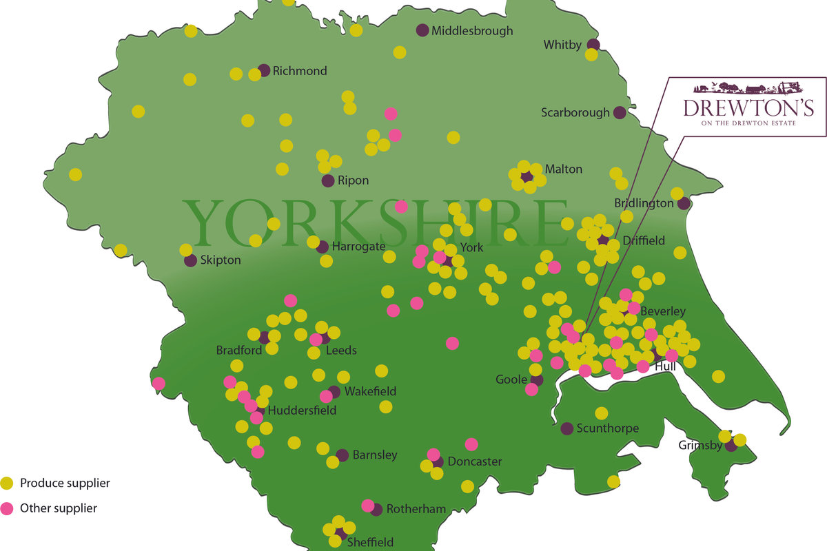 Map of 250 Yorkshire suppliers Drewton's sources from, dot-by-dot across the county